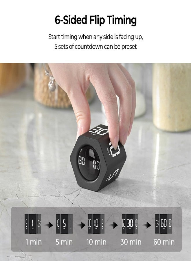 EooCoo Pomodoro Cube Timer with Gravity Sensor,1/5/10/30/60 Minutes Preset,Desk Countup Time with Vibration,Adjustable Modes for Work & Study,Portable Productivity Timer for Focus and Efficiency-Black - Image 3